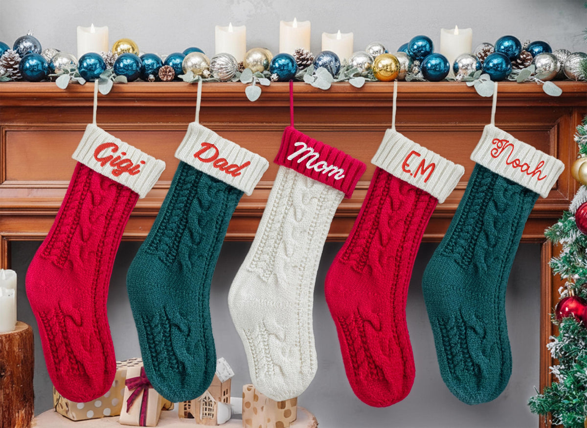 Custom Knit Christmas Stocking, Embroidered Name, Family Xmas Decor