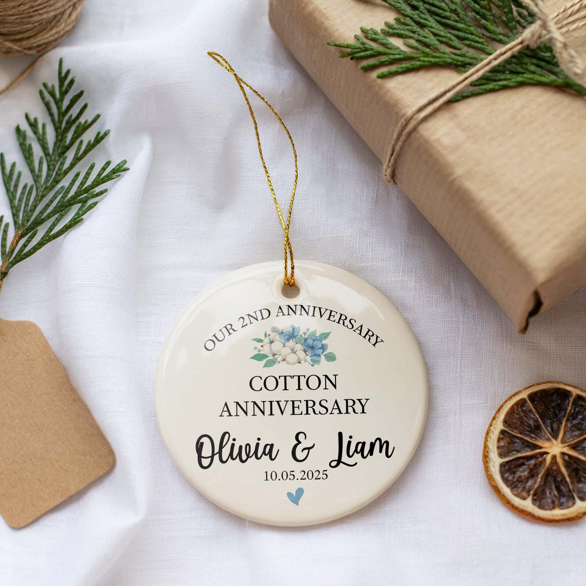 Personalized 2nd Anniversary Ornament, Cotton Anniversary Ornament Keepsake