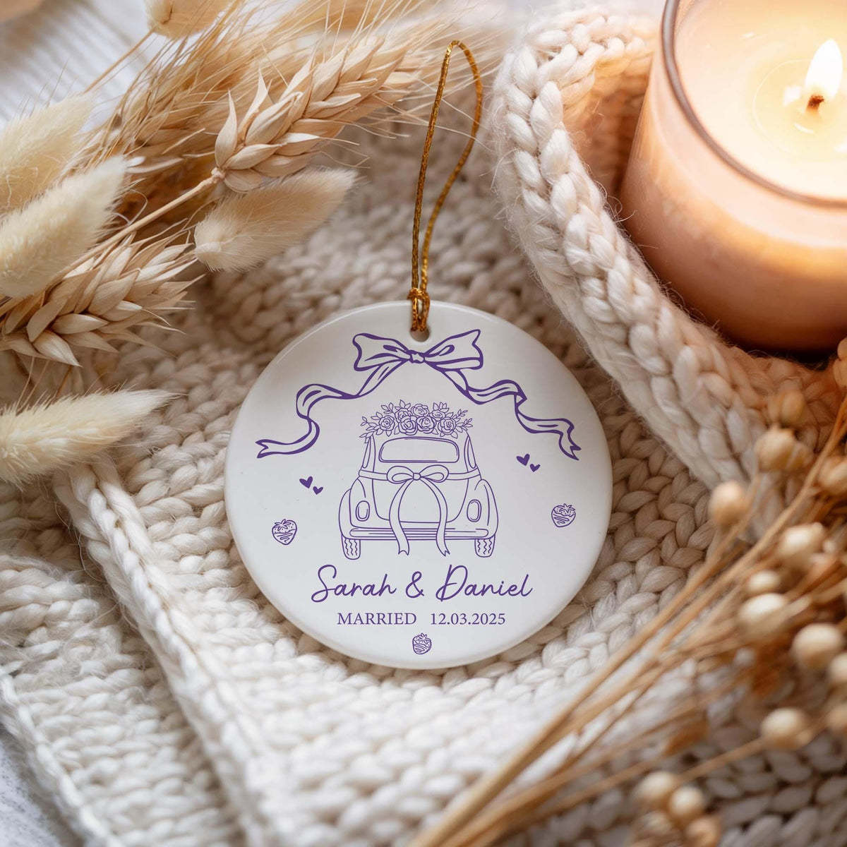 Personalized Wedding Car Design Married Ornament, Newlywed Names Ceramic Keepsake