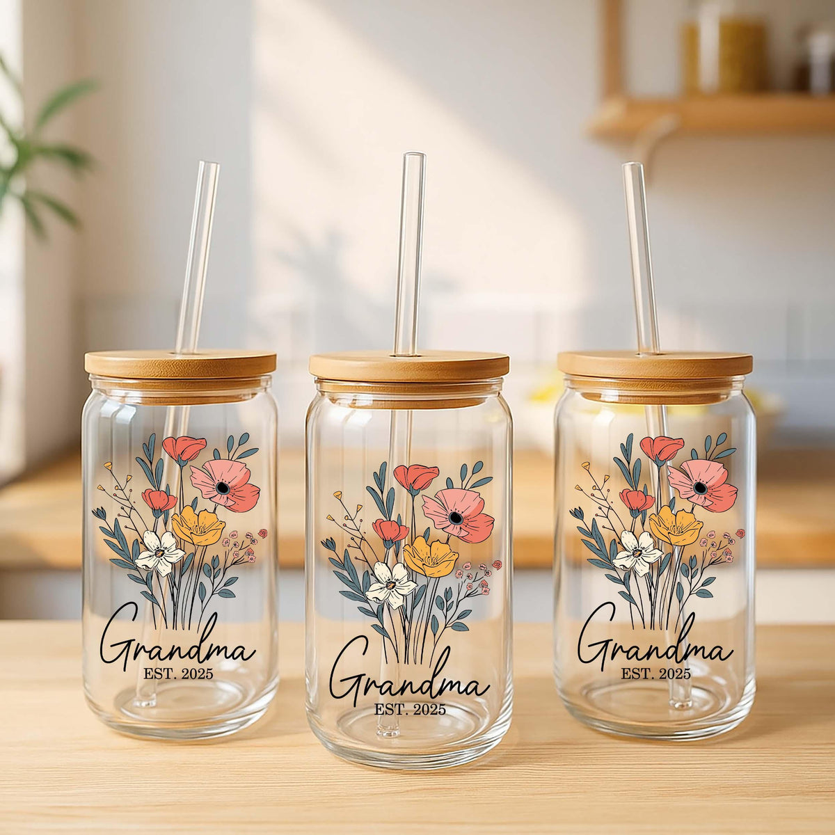 New Grandma Est. Year Can Glass Tumbler, Floral Pregnancy Reveal Gift
