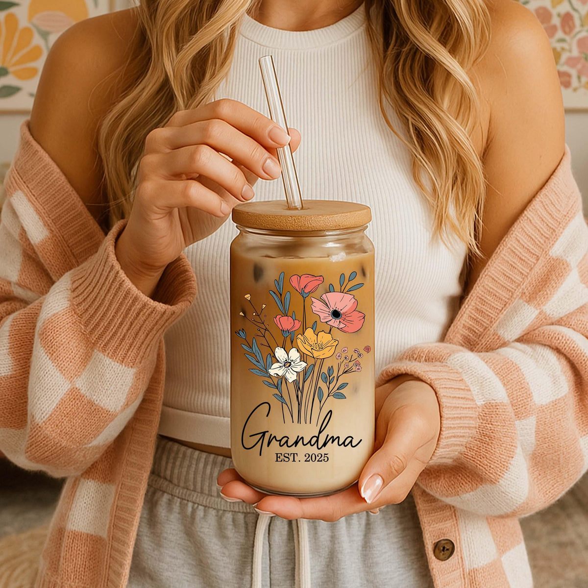 New Grandma Est. Year Can Glass Tumbler, Floral Pregnancy Reveal Gift