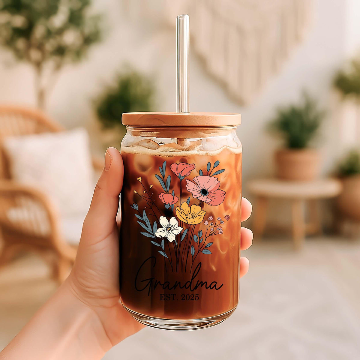 New Grandma Est. Year Can Glass Tumbler, Floral Pregnancy Reveal Gift