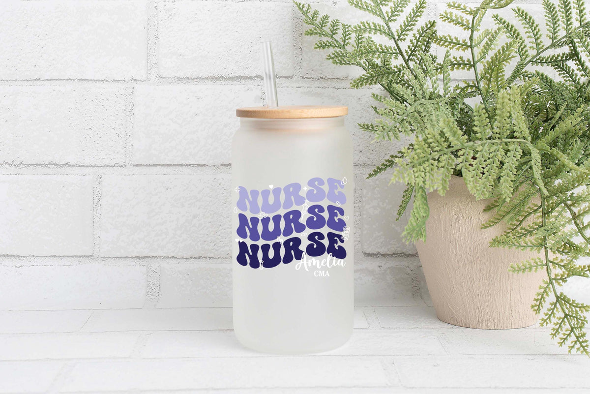 Personalized Nurse Can Glass Tumbler, Custom Name RN Gift, Nurse Appreciation Cup Gifts