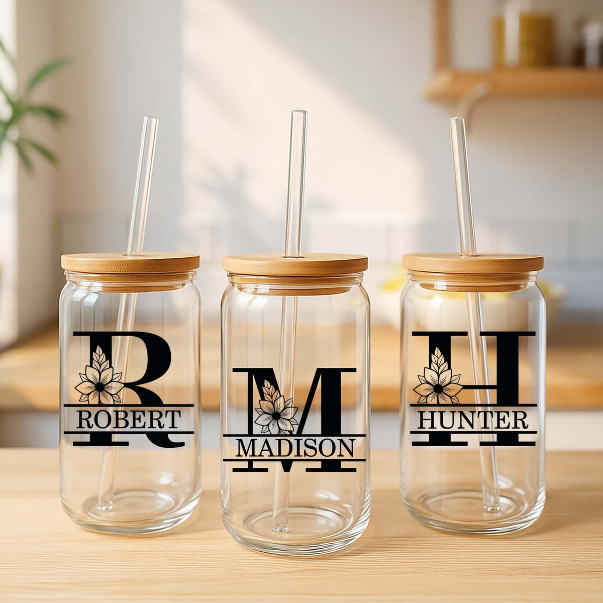 Custom Name & Initial Glass Can Tumbler, Personalized Monogram Floral Cup