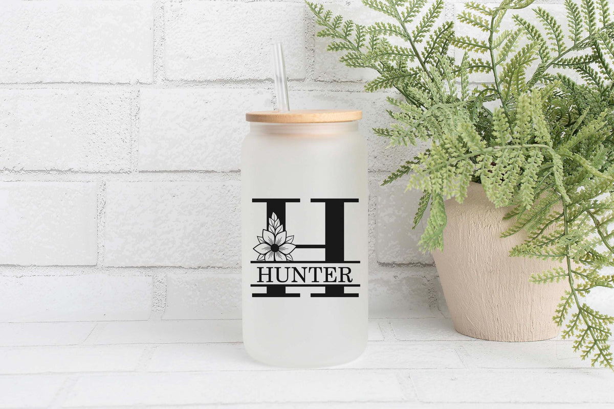 Custom Name & Initial Glass Can Tumbler, Personalized Monogram Floral Cup