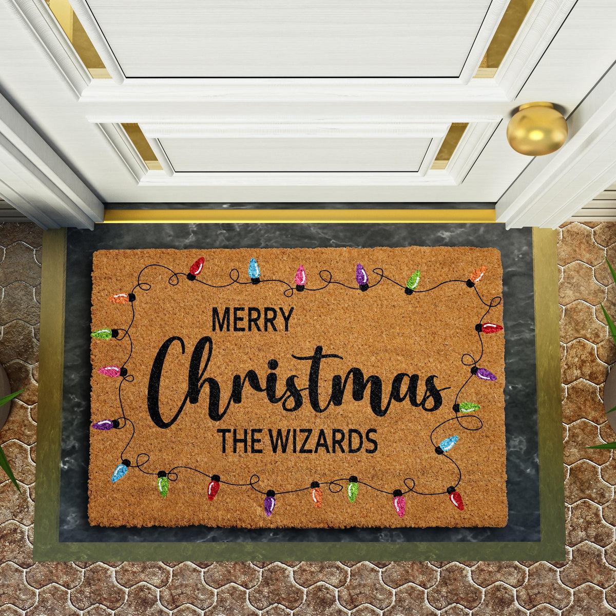 Personalized Colorful Merry Christmas Doormat, Custom Family Name Welcome Mat