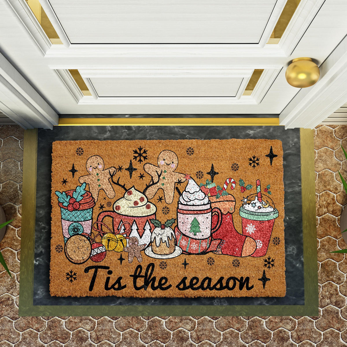 Funny Holiday Season Front Porch Welcome Mat, Christmas Icons Design Doormat