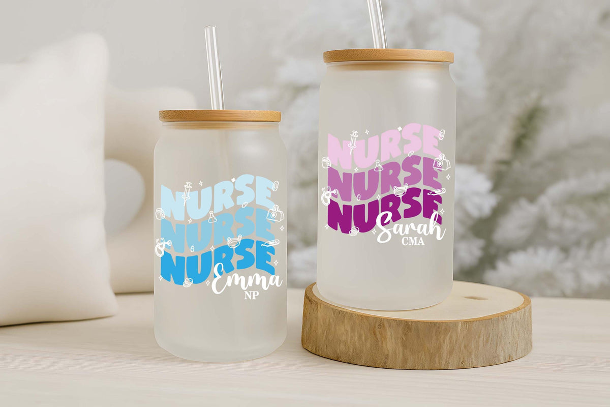Customizable Groovy Nurse Can Glass Cup, Colorful RN - NP Iced Coffee Cup