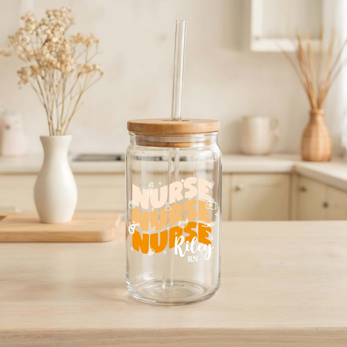 Customizable Groovy Nurse Can Glass Cup, Colorful RN - NP Iced Coffee Cup