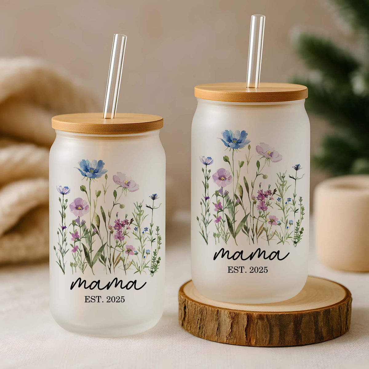Personalized Mama Est Can Glass Tumbler, Blue Poppy Flowers Design Iced Coffee Cup