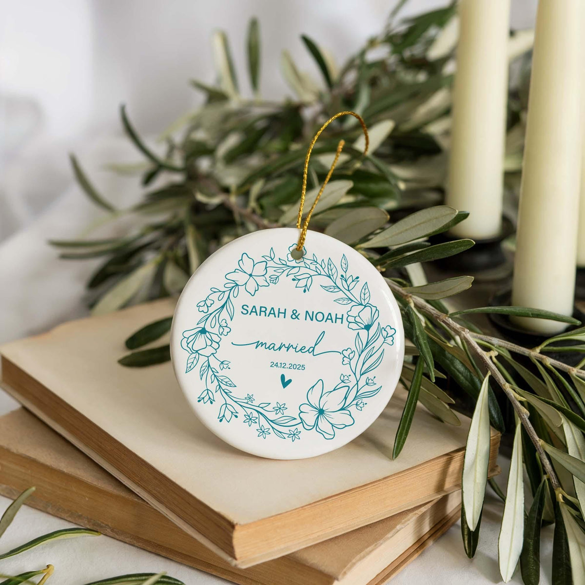 Custom Name & Date Married Keepsake, Floral Wreath Ceramic Wedding Ornament