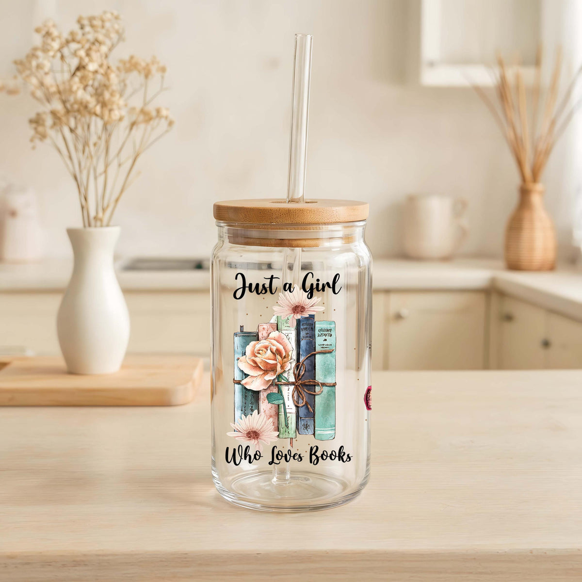 Just A Girl Who Loves Book Can Glass Cup, Floral Book Design Iced Coffee Tumbler