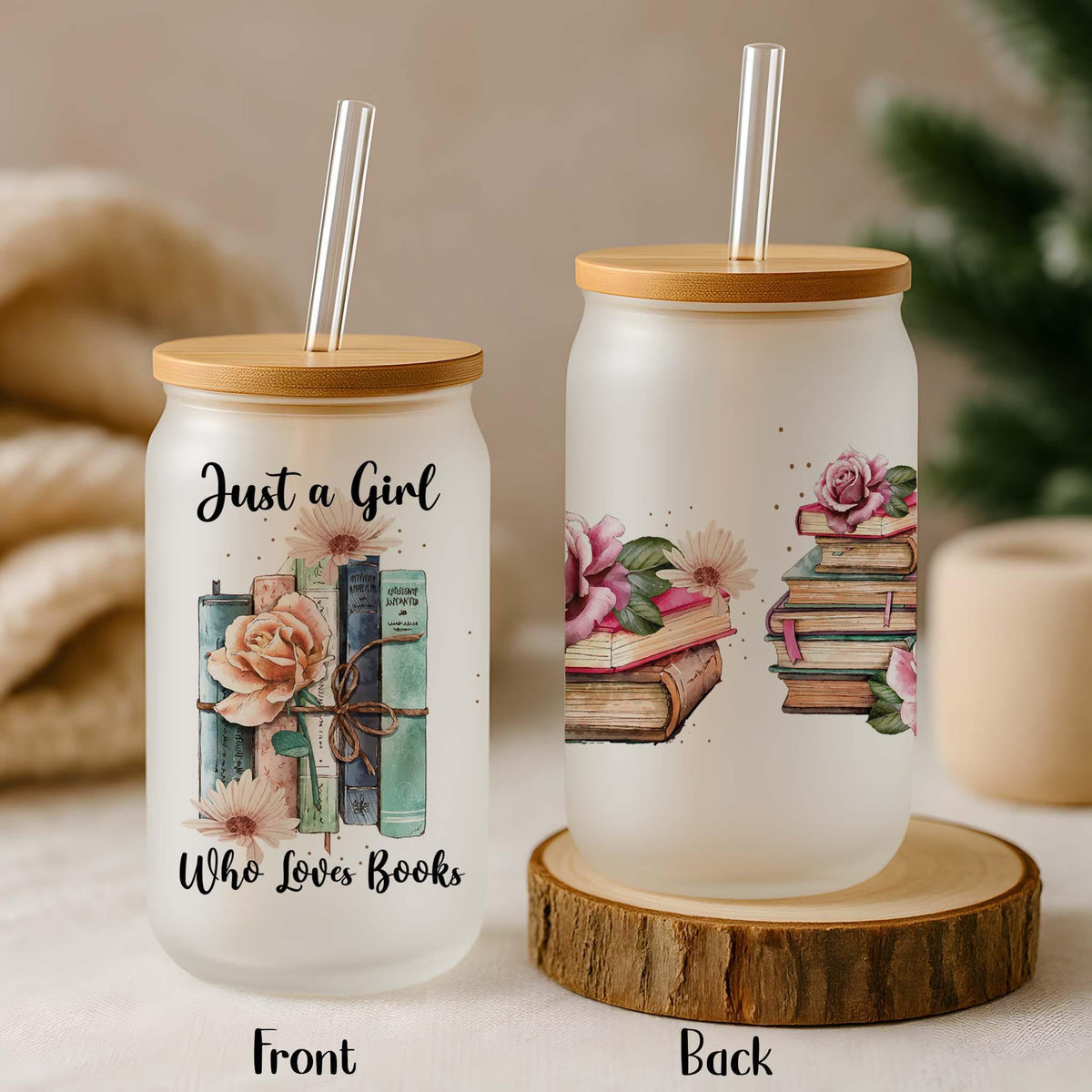Just A Girl Who Loves Book Can Glass Cup, Floral Book Design Iced Coffee Tumbler