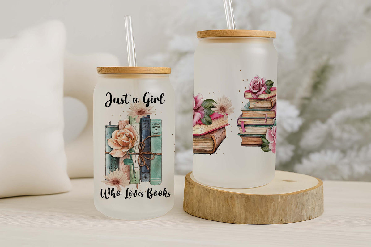Just A Girl Who Loves Book Can Glass Cup, Floral Book Design Iced Coffee Tumbler