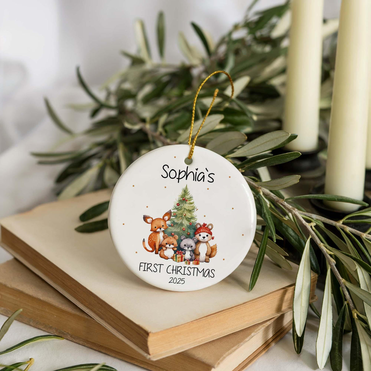 Custom Name Baby's First Christmas Ornament, Woodland Animal Design Ceramic Keepsake