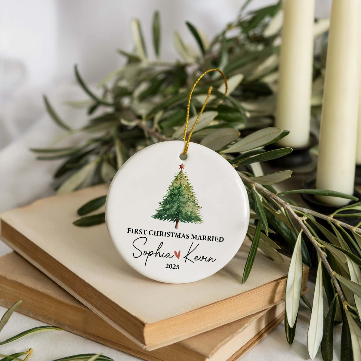 Personalized First Christmas Married Ornament, Custom Name Newlywed Holiday Keepsake