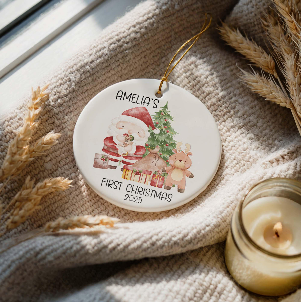 Personalized Baby's First Christmas Ornament, Custom Name Santa Design Newborn Holiday Keepsake