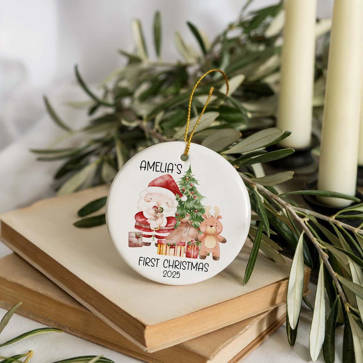 Personalized Baby's First Christmas Ornament, Custom Name Santa Design Newborn Holiday Keepsake