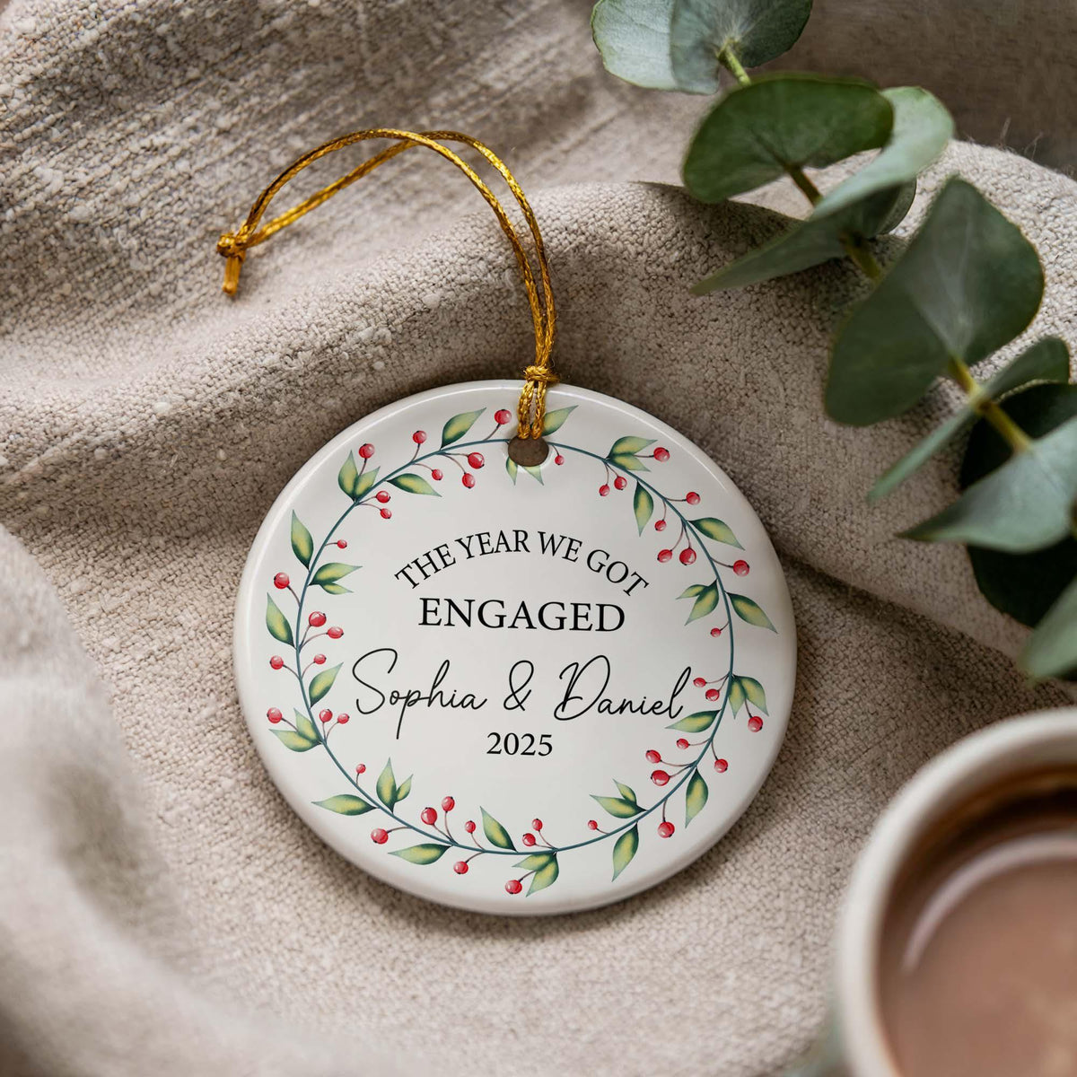 Personalized Engagement Christmas Ornament, Custom Ceramic Keepsake