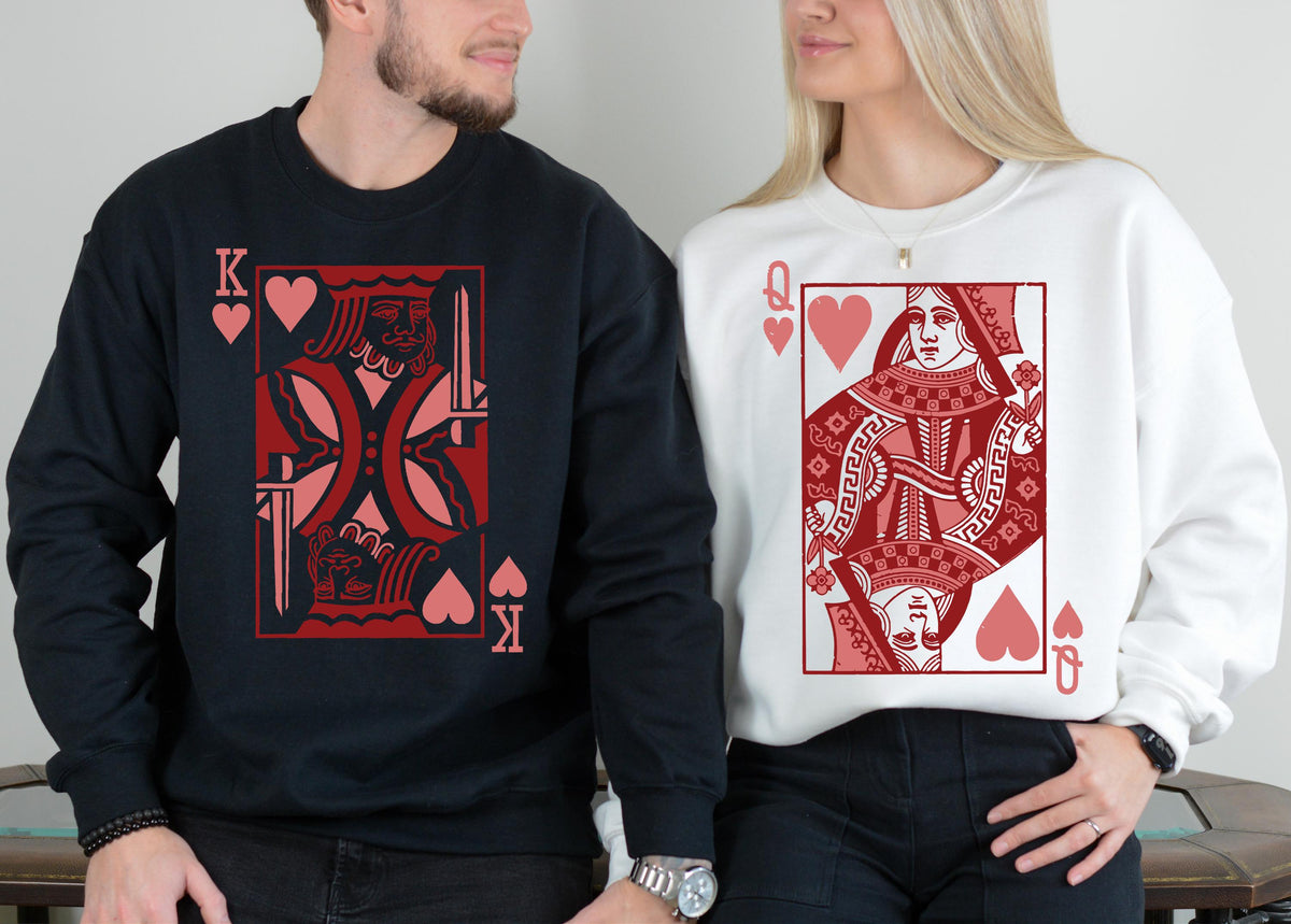 Queen and King of Hearts Sweatshirt, Playing Card Lovers Hoodie, Valentine's Day Sweater, Valentines Gift, Couple Vacation Matching Crewneck