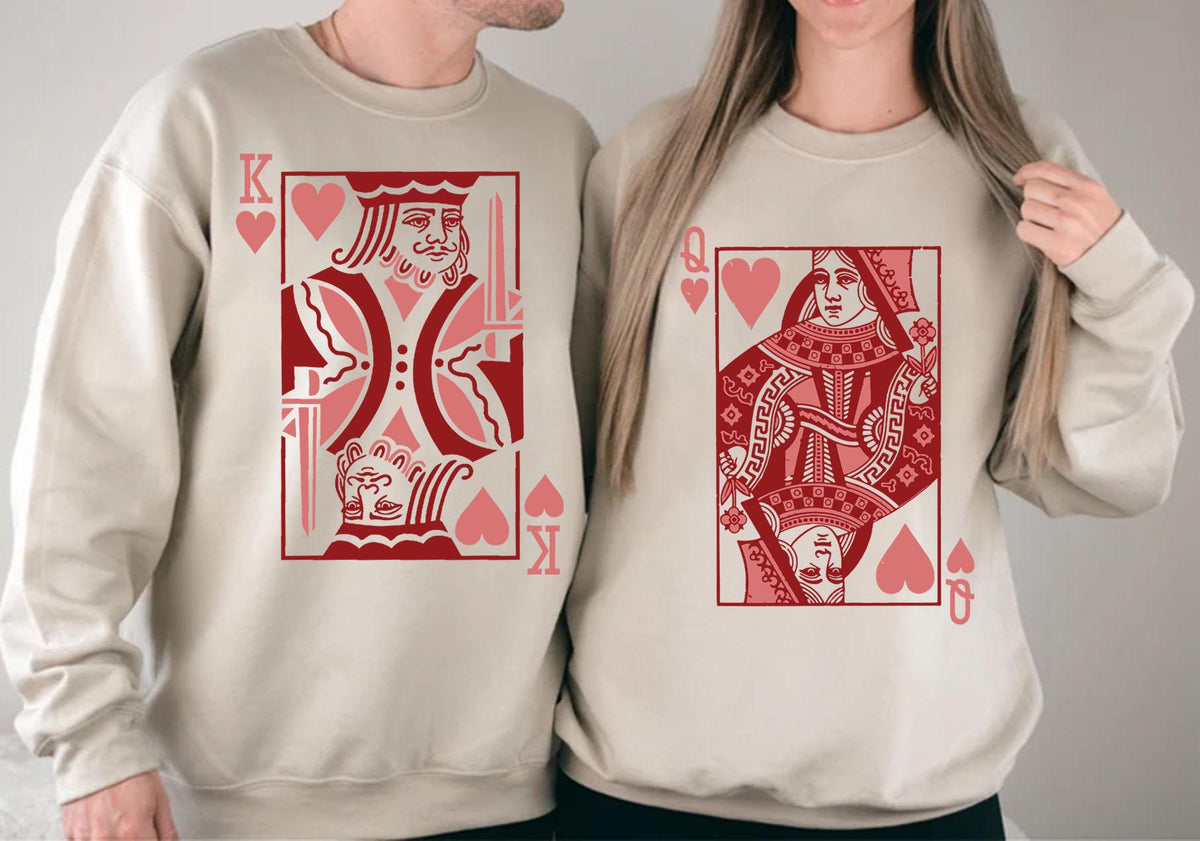 Queen and King of Hearts Sweatshirt, Playing Card Lovers Hoodie, Valentine's Day Sweater, Valentines Gift, Couple Vacation Matching Crewneck