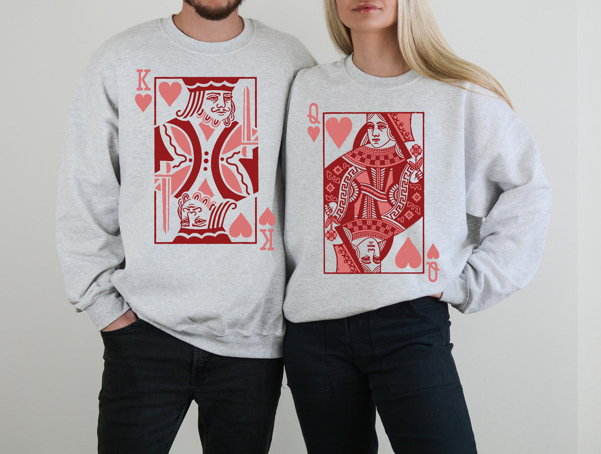 Queen and King of Hearts Sweatshirt, Playing Card Lovers Hoodie, Valentine's Day Sweater, Valentines Gift, Couple Vacation Matching Crewneck