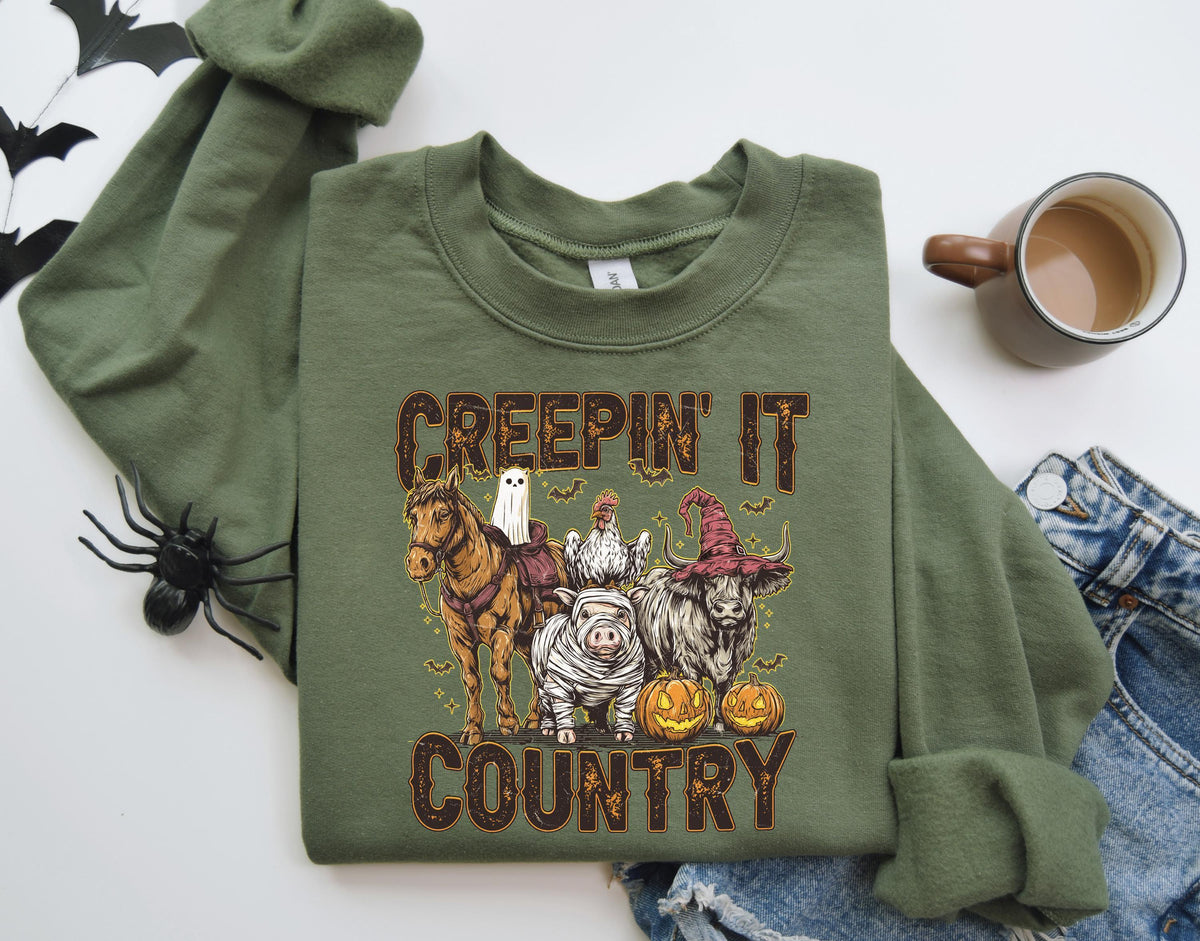 Creepin' it Country Halloween Sweatshirt, Boo Crew Family Sweater, Spooky Western Hoodie, Spooky Vibes Gift, Boys Trip Halloween Crewneck