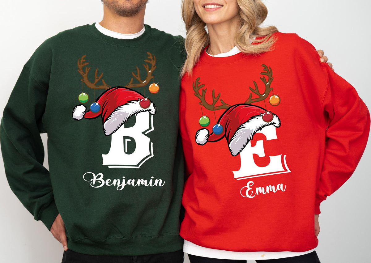 Custom Name Santa Hat Christmas Sweatshirt, Personalized Reindeer Antlers Holiday Hoodie, Couple Matching Sweater, Monogram Xmas Gift
