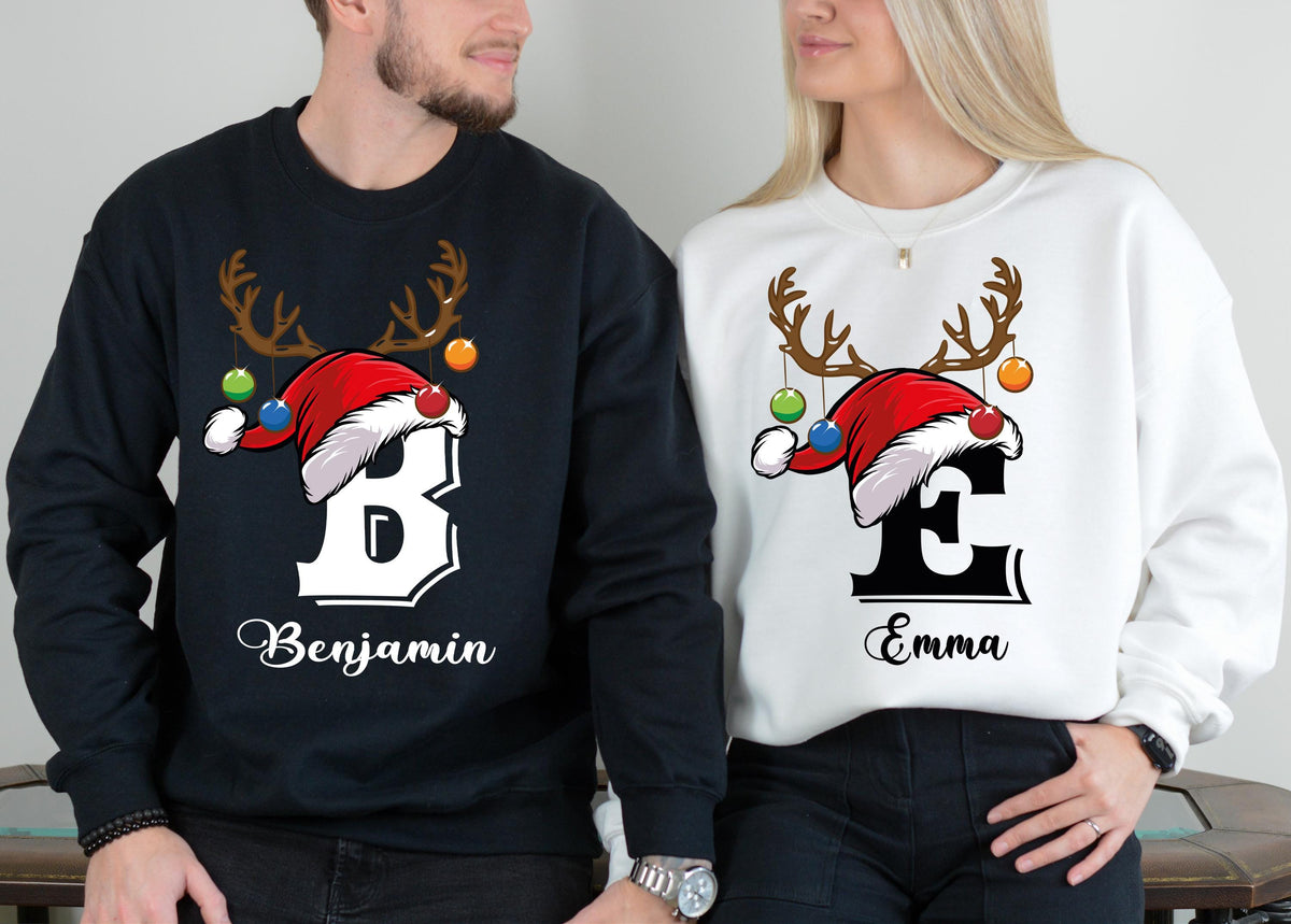Custom Name Santa Hat Christmas Sweatshirt, Personalized Reindeer Antlers Holiday Hoodie, Couple Matching Sweater, Monogram Xmas Gift