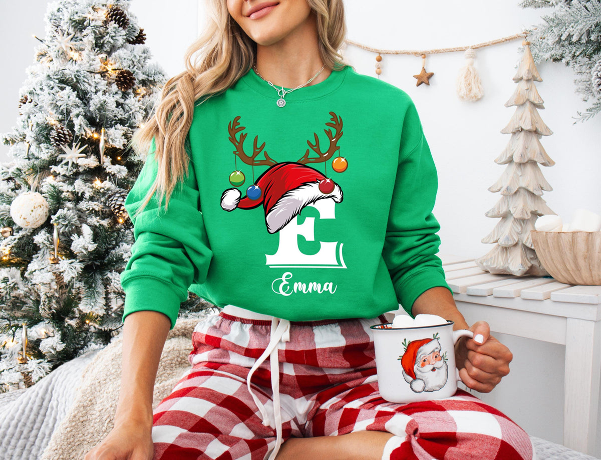 Custom Name Santa Hat Christmas Sweatshirt, Personalized Reindeer Antlers Holiday Hoodie, Couple Matching Sweater, Monogram Xmas Gift