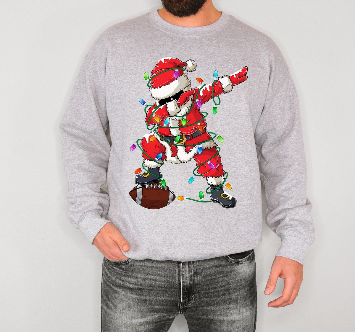 Dabbing Santa Christmas Sweatshirt, Football Santa Claus Hoodie, Xmas Tree Lights Sweater, Funny Holiday Gift, Winter Sport Season Sweat