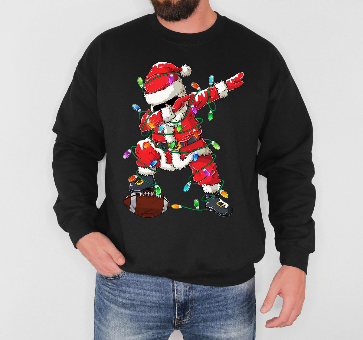 Dabbing Santa Christmas Sweatshirt, Football Santa Claus Hoodie, Xmas Tree Lights Sweater, Funny Holiday Gift, Winter Sport Season Sweat