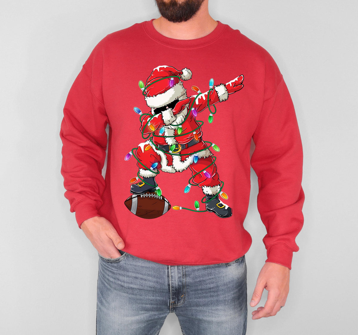 Dabbing Santa Christmas Sweatshirt, Football Santa Claus Hoodie, Xmas Tree Lights Sweater, Funny Holiday Gift, Winter Sport Season Sweat