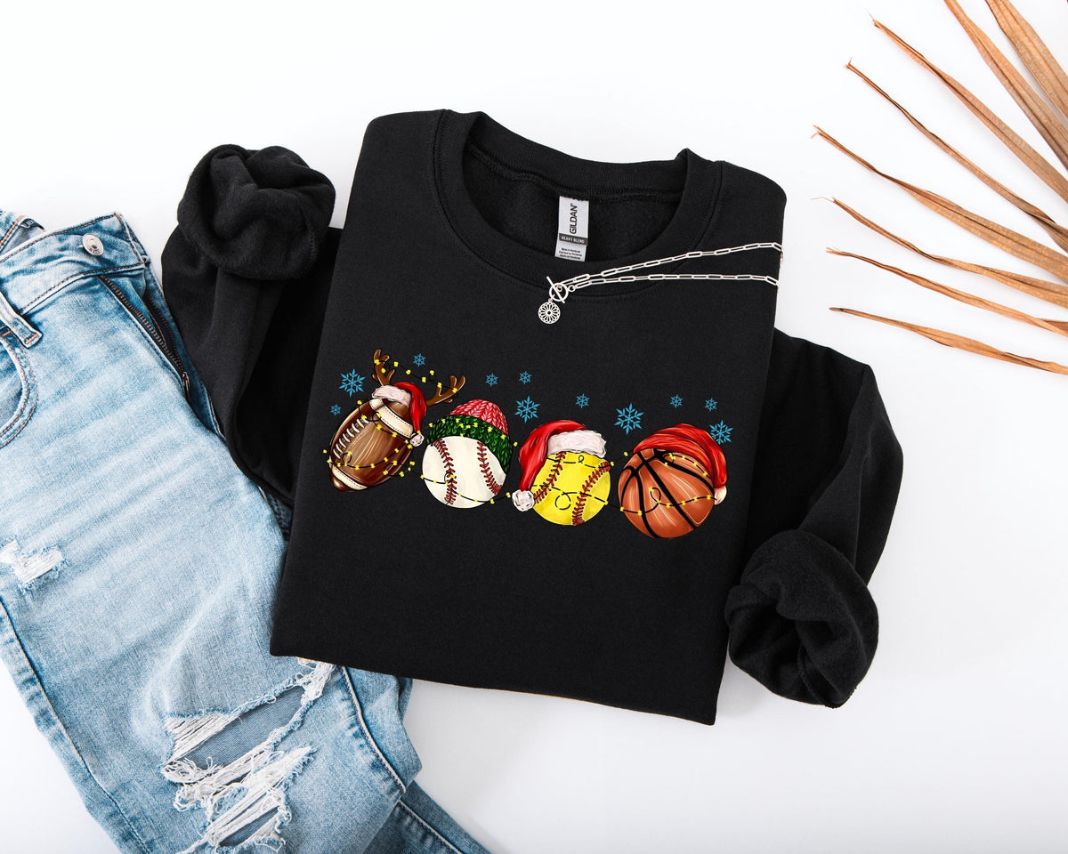 Christmas Festive Sports Fan Sweatshirt, Xmas Season Theme Sport Balls Hoodie, Christmas Festive Sport Mom Sweater, Sport Lover Xmas Gift