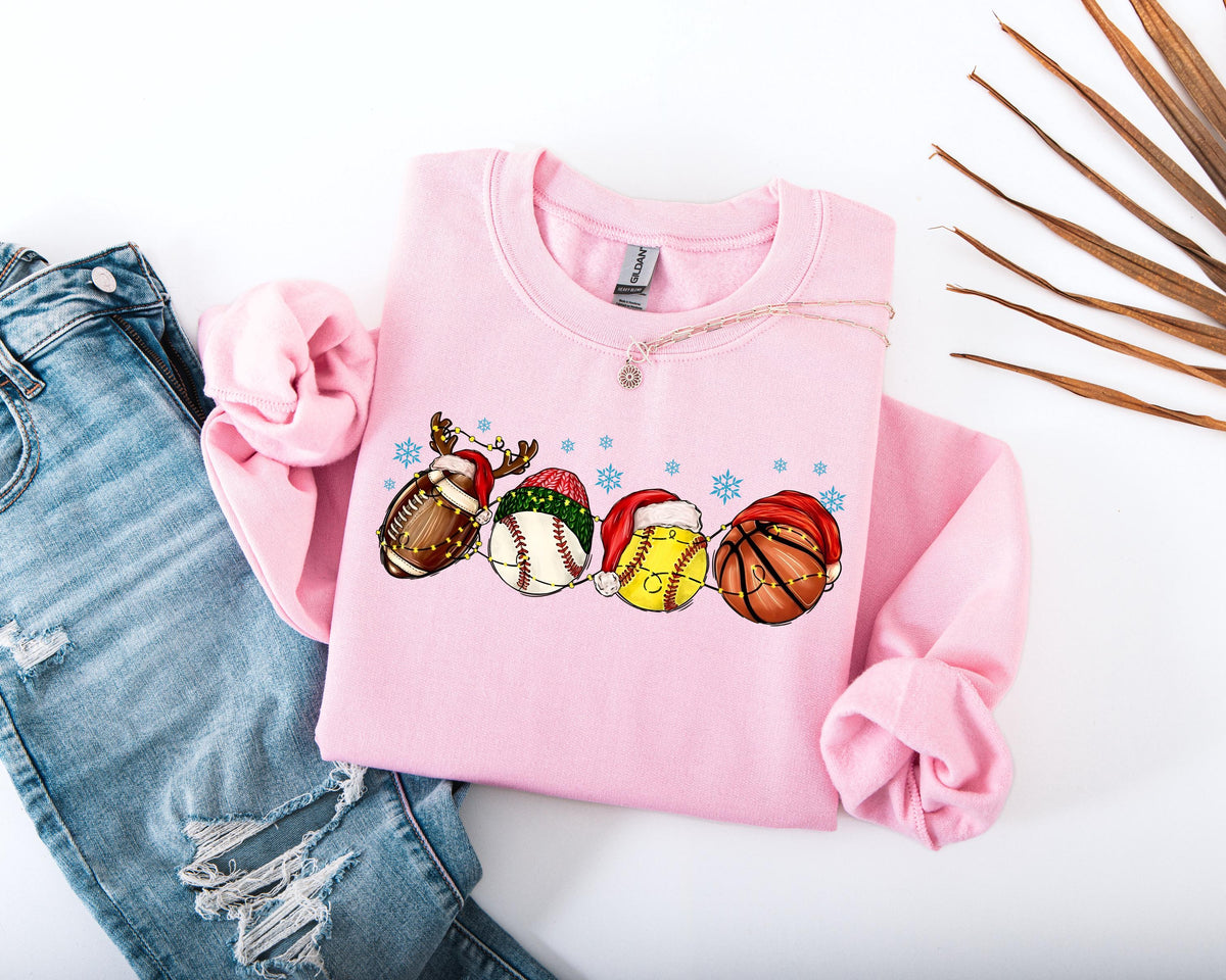 Christmas Festive Sports Fan Sweatshirt, Xmas Season Theme Sport Balls Hoodie, Christmas Festive Sport Mom Sweater, Sport Lover Xmas Gift