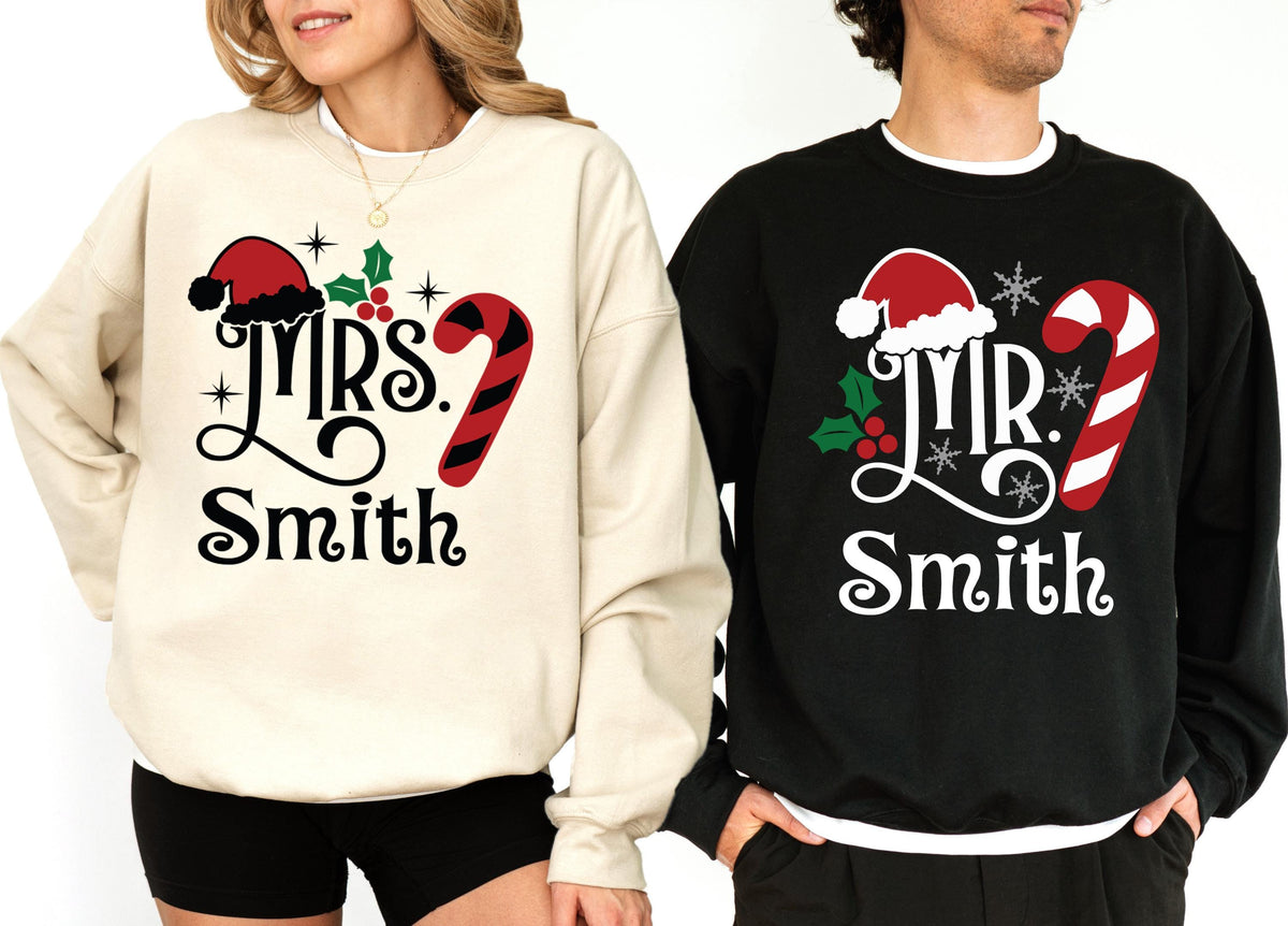 Santa Mr and Mrs Christmas Family Sweatshirt, Custom Couple Christmas Matching Sweater, Xmas Holiday Hoodie, Husband & Wife Xmas Party Sweat