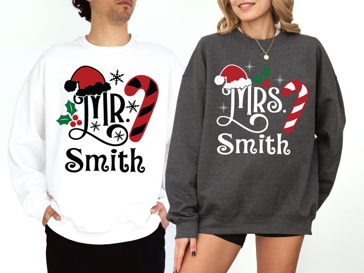Santa Mr and Mrs Christmas Family Sweatshirt, Custom Couple Christmas Matching Sweater, Xmas Holiday Hoodie, Husband & Wife Xmas Party Sweat