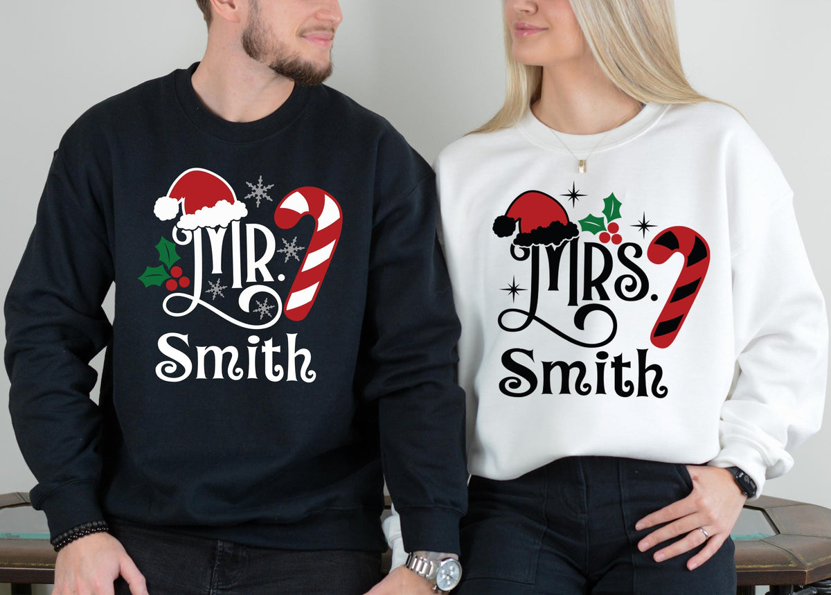 Santa Mr and Mrs Christmas Family Sweatshirt, Custom Couple Christmas Matching Sweater, Xmas Holiday Hoodie, Husband & Wife Xmas Party Sweat