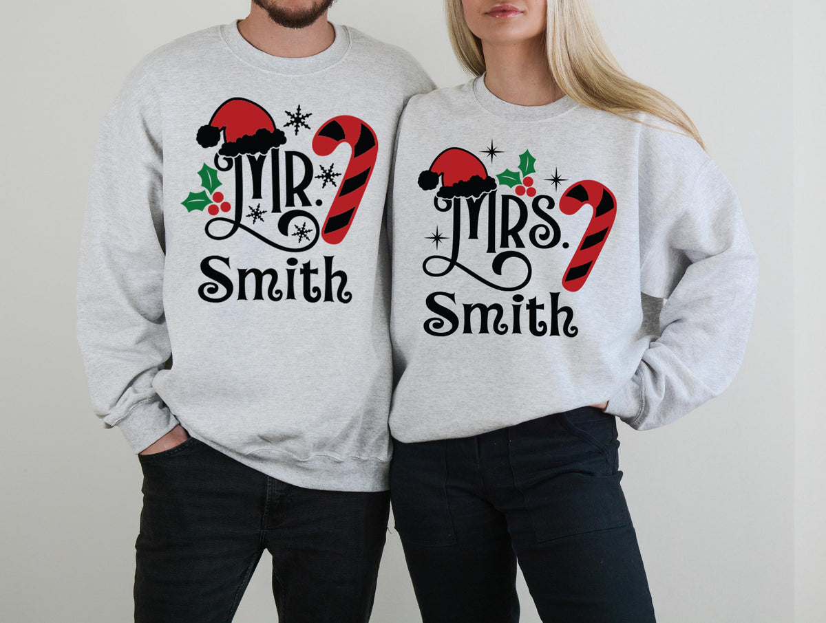 Santa Mr and Mrs Christmas Family Sweatshirt, Custom Couple Christmas Matching Sweater, Xmas Holiday Hoodie, Husband & Wife Xmas Party Sweat