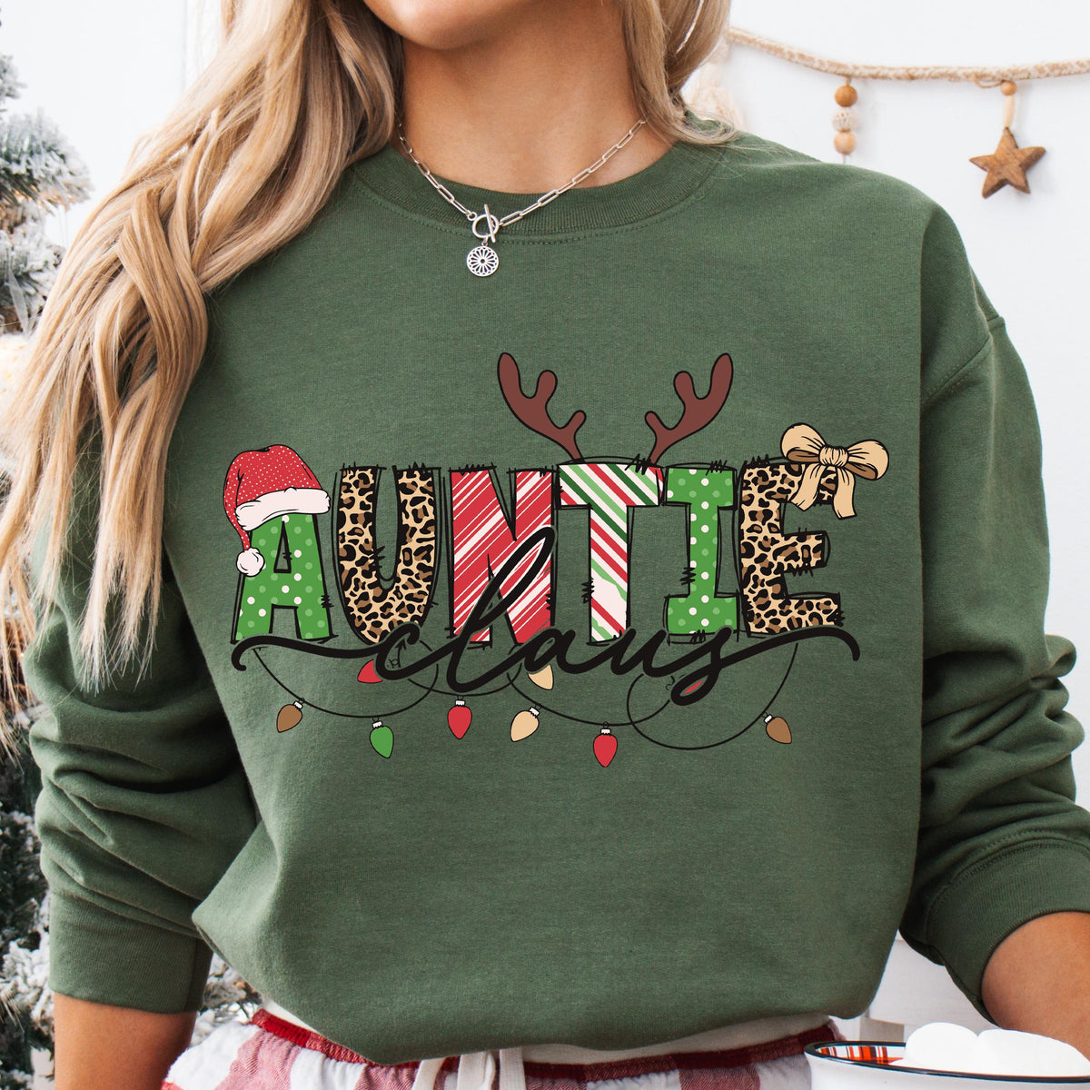 Reindeer Antlers & Christmas Lights Design Funny Aunt Sweatshirt, Auntie Clause Holiday Hoodie, Family Christmas Celebration Auntie Sweater