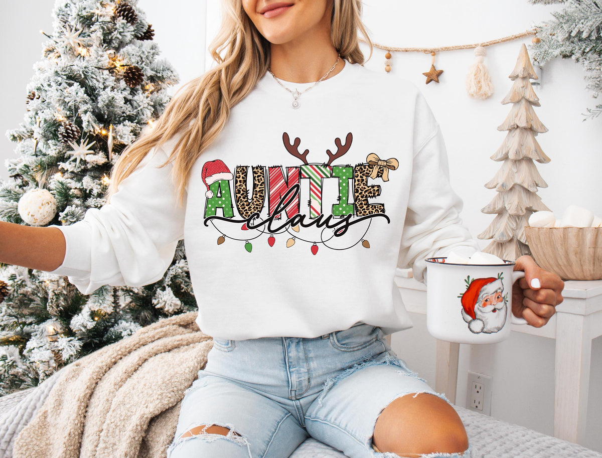 Reindeer Antlers & Christmas Lights Design Funny Aunt Sweatshirt, Auntie Clause Holiday Hoodie, Family Christmas Celebration Auntie Sweater
