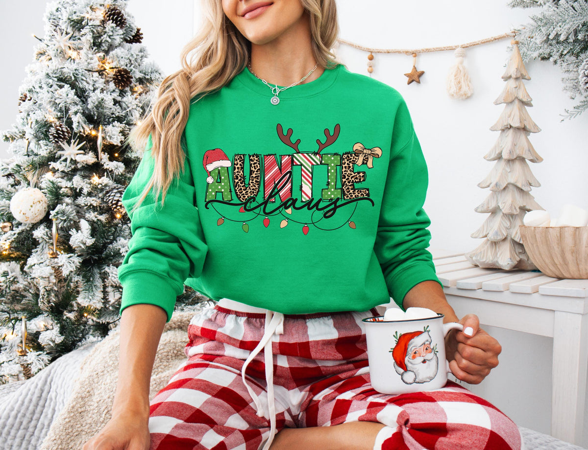 Reindeer Antlers & Christmas Lights Design Funny Aunt Sweatshirt, Auntie Clause Holiday Hoodie, Family Christmas Celebration Auntie Sweater