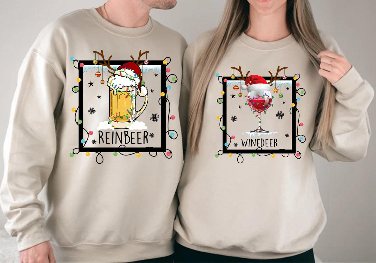 Reinbeer & Winedeer Xmas Sweatshirt, Christmas Couple Matching Sweater, Xmas Drinking Crewneck, Christmas Couple Gift, Xmas Holiday Hoodie