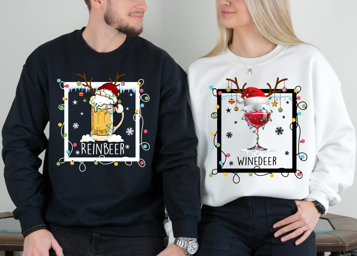 Reinbeer & Winedeer Xmas Sweatshirt, Christmas Couple Matching Sweater, Xmas Drinking Crewneck, Christmas Couple Gift, Xmas Holiday Hoodie