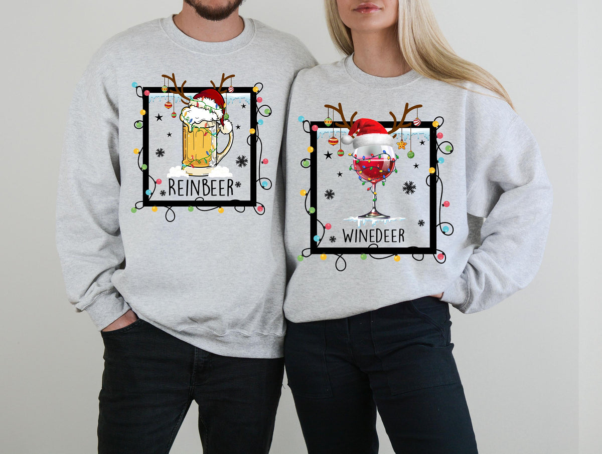 Reinbeer & Winedeer Xmas Sweatshirt, Christmas Couple Matching Sweater, Xmas Drinking Crewneck, Christmas Couple Gift, Xmas Holiday Hoodie