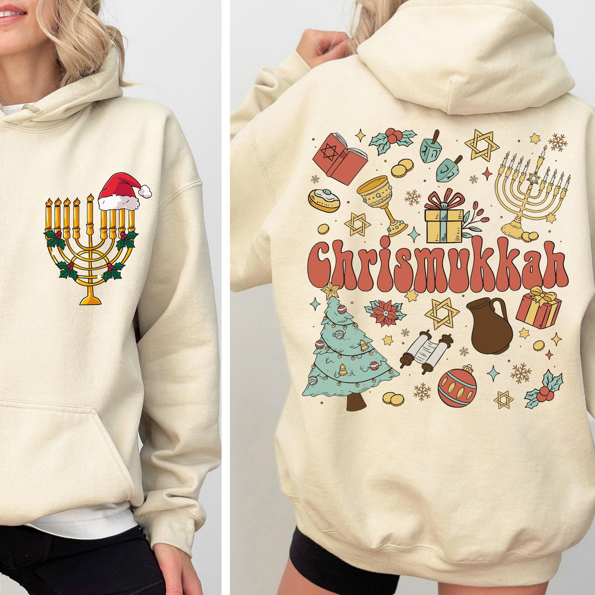 Funny Chrismukkah Sweatshirt, Double Sided Hanukkah and Christmas Holiday Hoodie, Jewish Christmas Sweater, Santa Hat Jewish Candles Gift