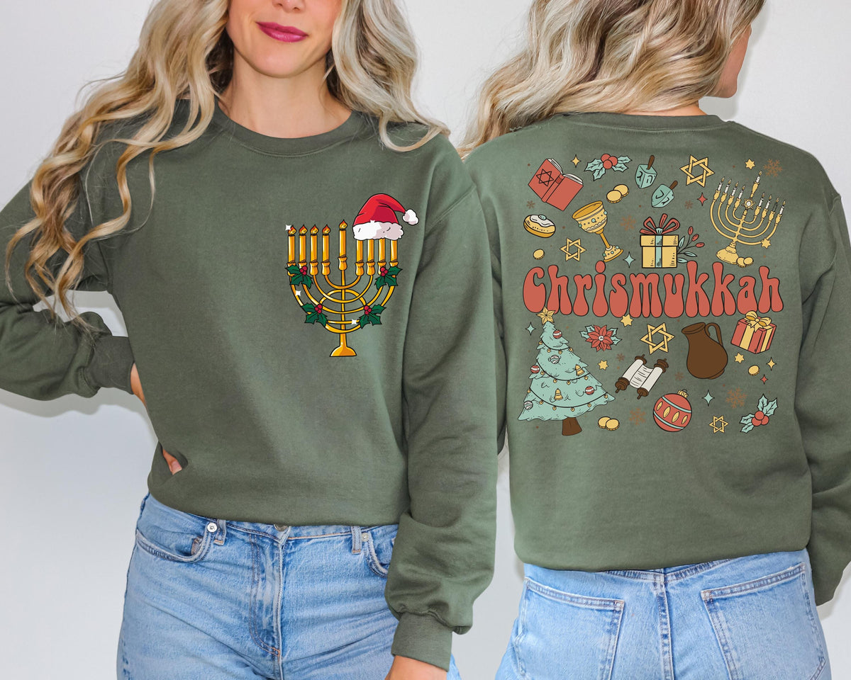 Funny Chrismukkah Sweatshirt, Double Sided Hanukkah and Christmas Holiday Hoodie, Jewish Christmas Sweater, Santa Hat Jewish Candles Gift
