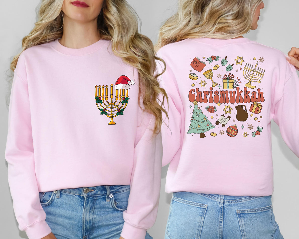 Funny Chrismukkah Sweatshirt, Double Sided Hanukkah and Christmas Holiday Hoodie, Jewish Christmas Sweater, Santa Hat Jewish Candles Gift