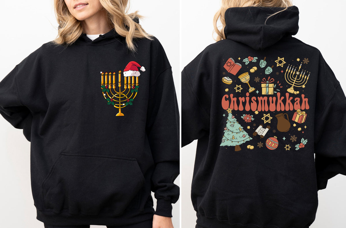 Funny Chrismukkah Sweatshirt, Double Sided Hanukkah and Christmas Holiday Hoodie, Jewish Christmas Sweater, Santa Hat Jewish Candles Gift