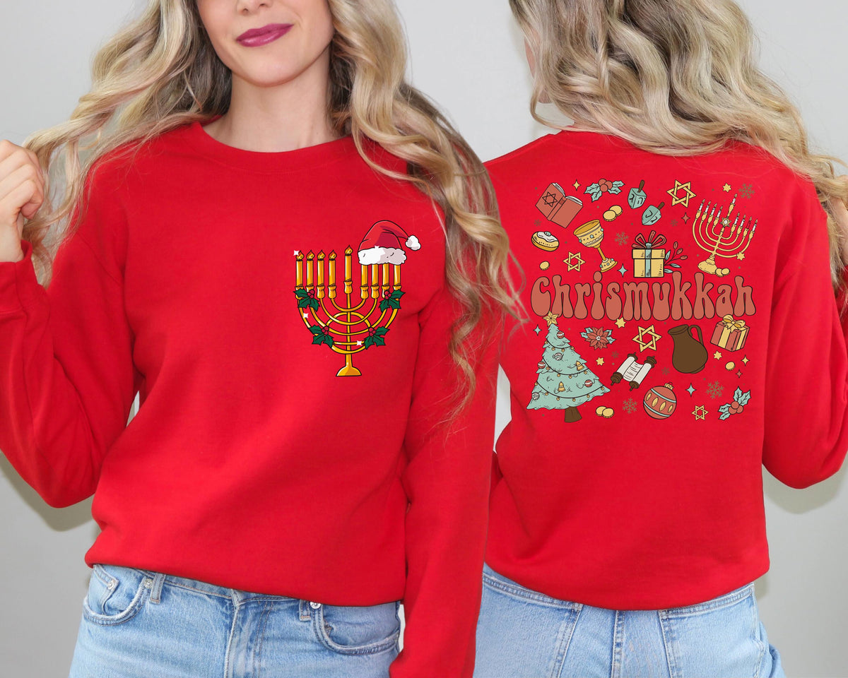 Funny Chrismukkah Sweatshirt, Double Sided Hanukkah and Christmas Holiday Hoodie, Jewish Christmas Sweater, Santa Hat Jewish Candles Gift